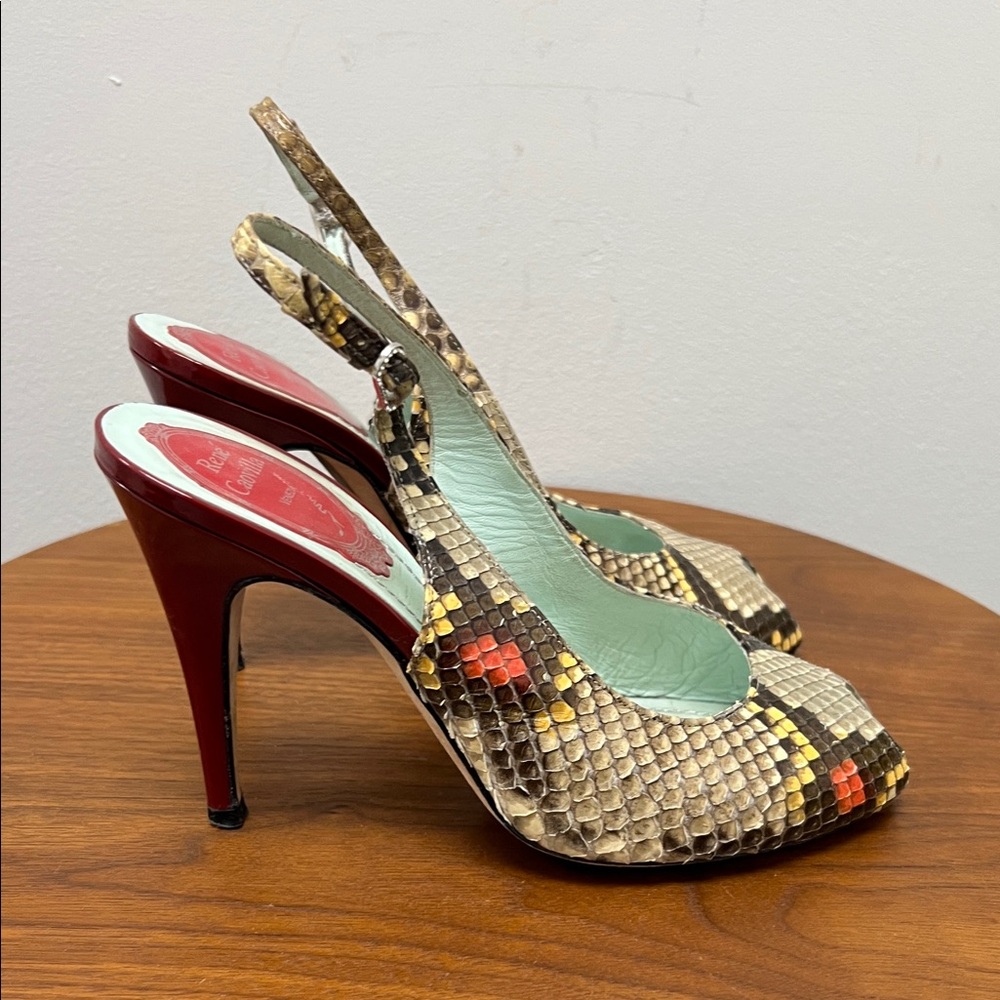 Rene Caovilla Snakeskin Pattern Slingback Peep Toe Heels